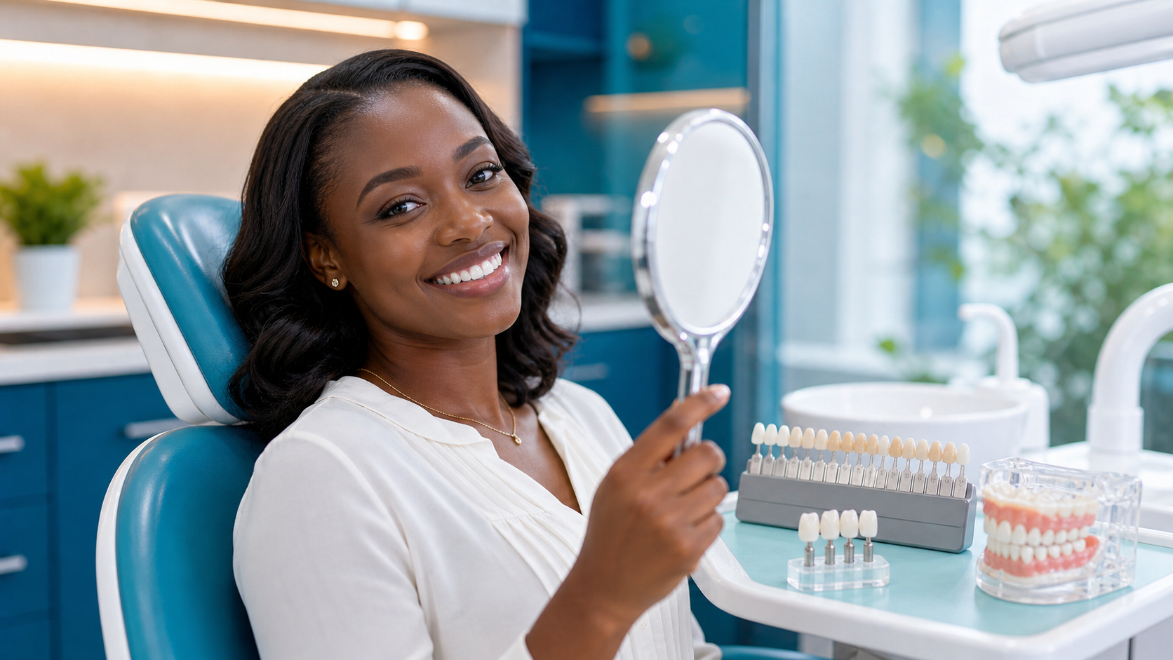 Cosmetic dentistry patient with veneer shade guide in Nairobi CBD