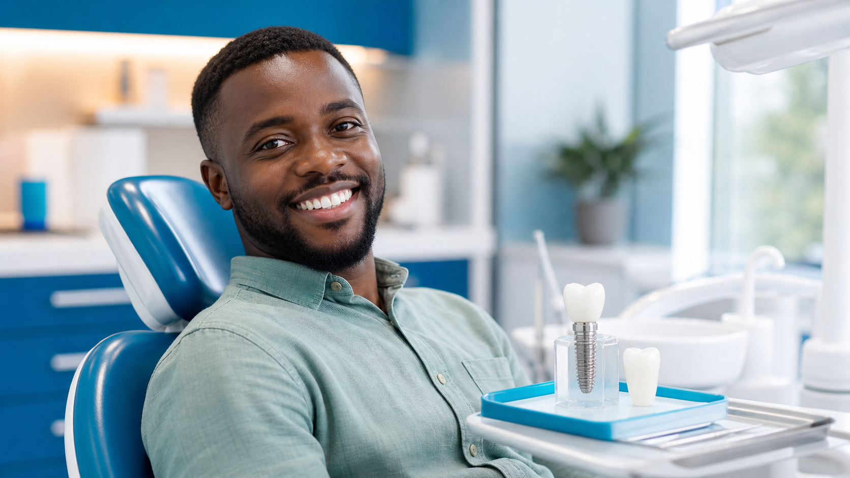 Dental implant patient with implant model at Seromba Dentals in Nairobi CBD