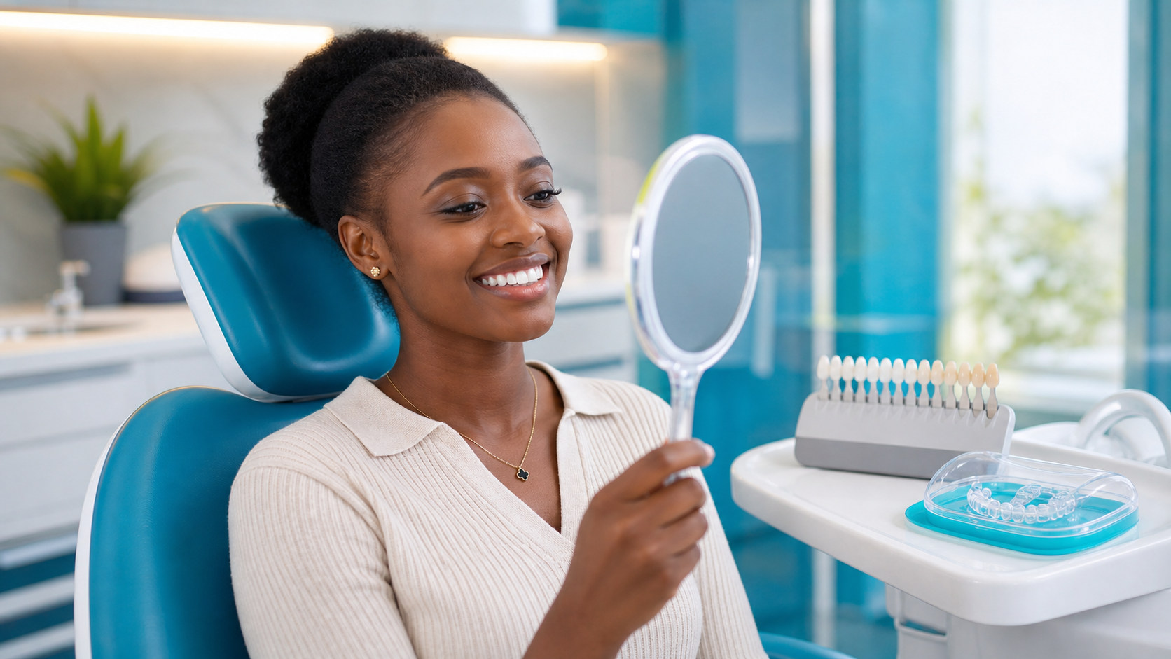 Professional teeth whitening patient with shade guide at Seromba Dentals in Nairobi CBD